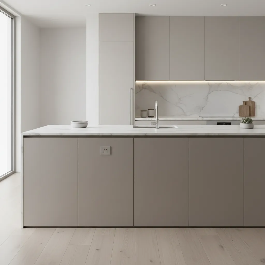 modern kitchen island with side mounted electrical outlet on cabinet panel