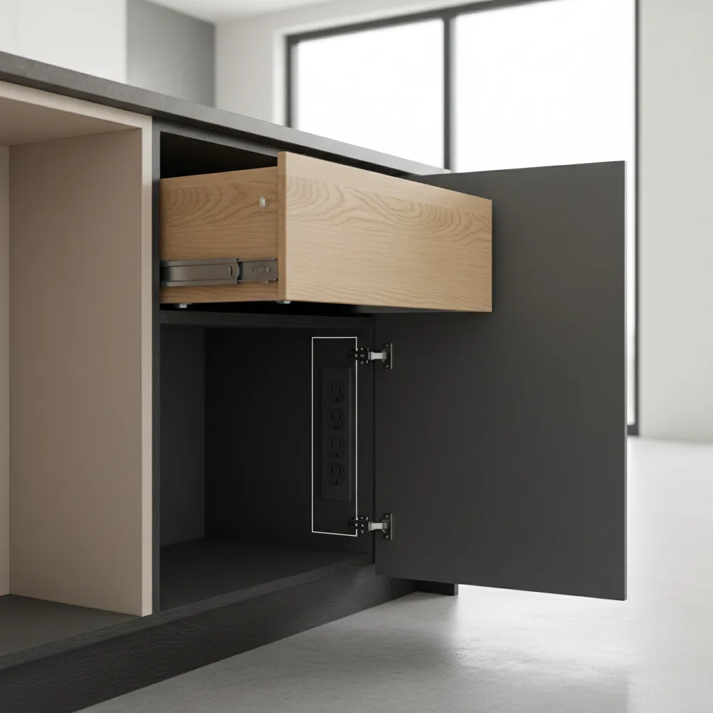 kitchen island cabinet interior showing outlet strip placement and drawer clearance
