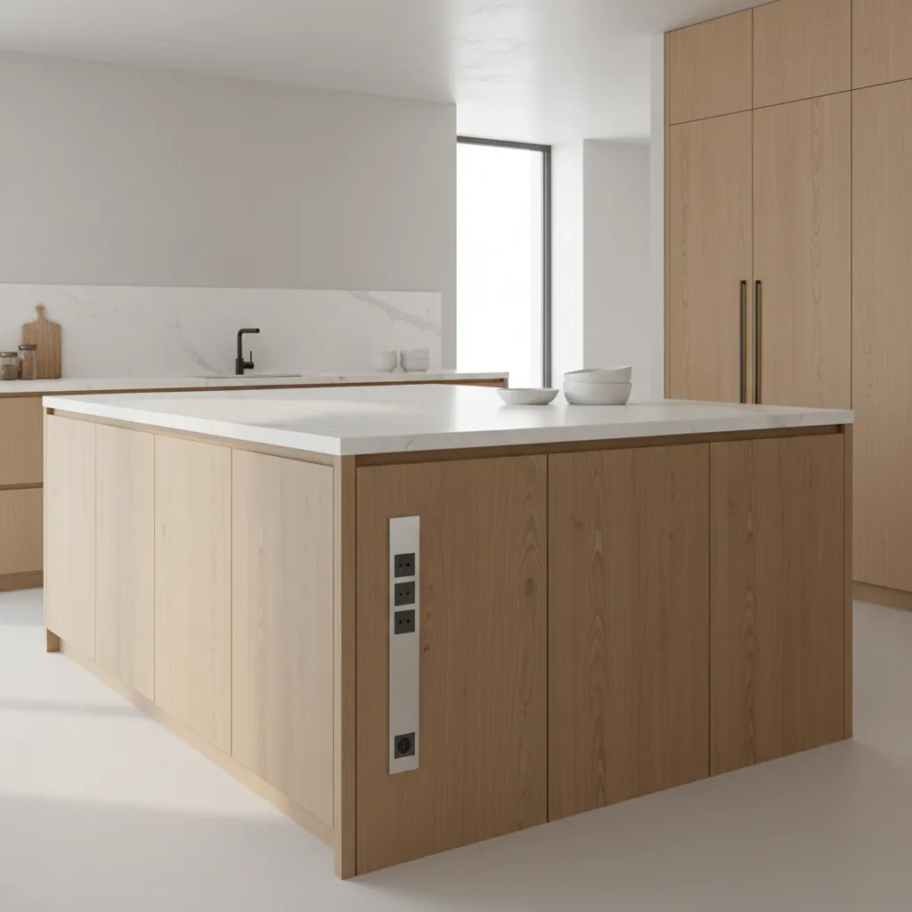 hardwired outlet strip installed on kitchen island cabinet