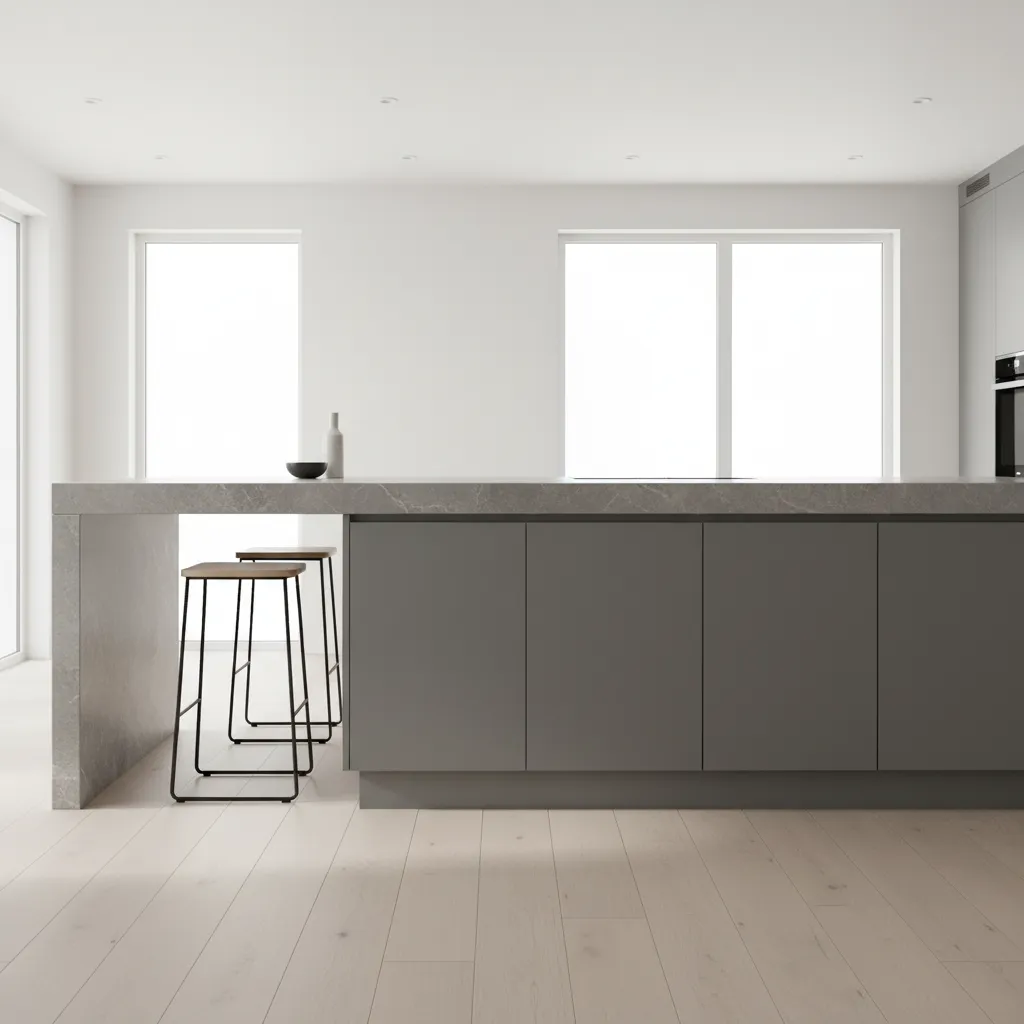 Kitchen island side view showing countertop overhang depth for seating