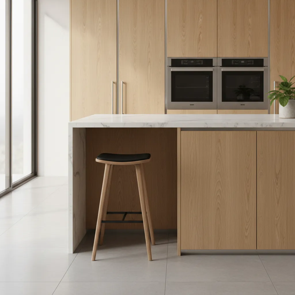 side view of kitchen island showing countertop overhang for seating