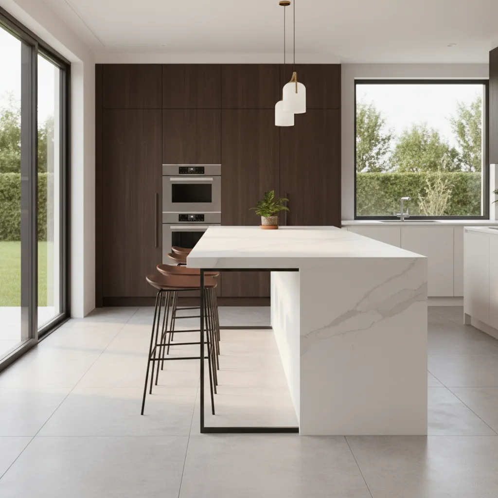 Steel brackets supporting kitchen island countertop seating overhang