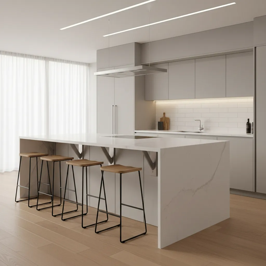 steel brackets installed under kitchen island countertop seating overhang