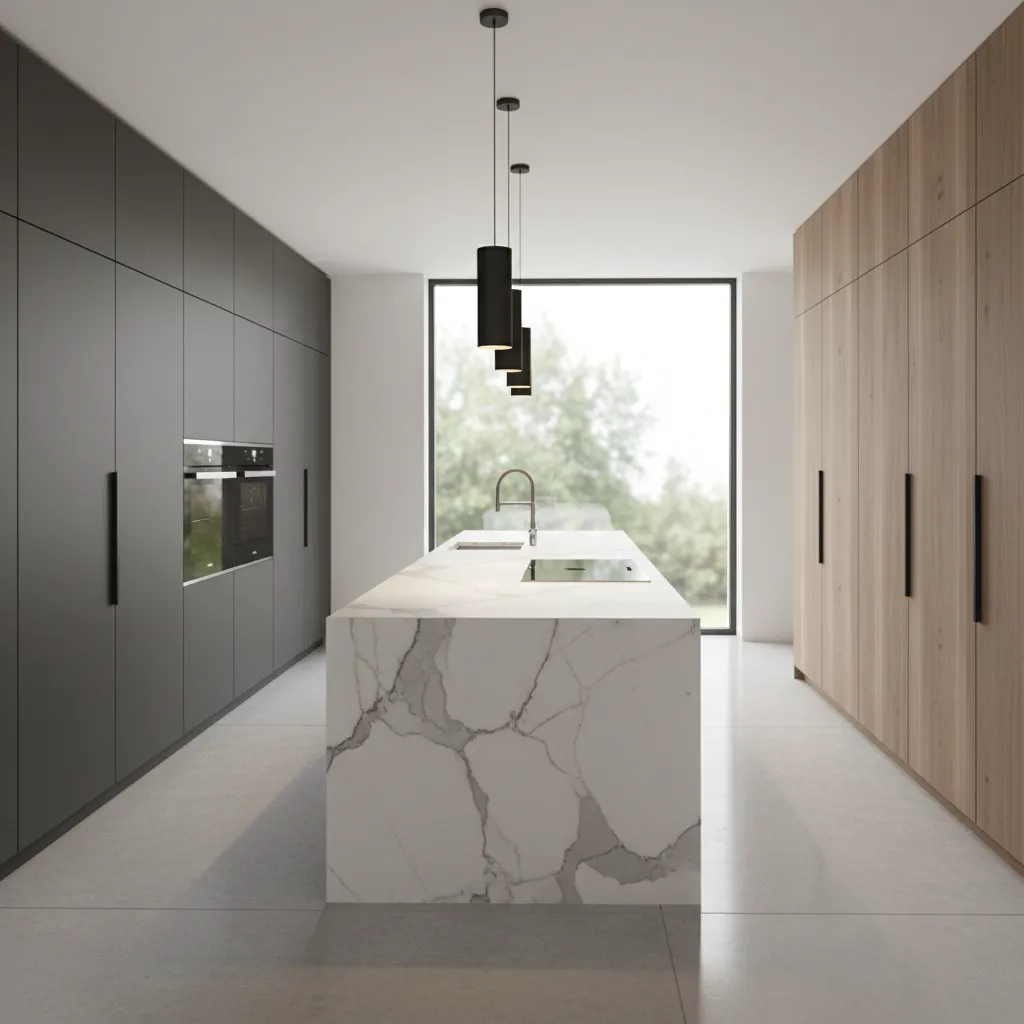 three black pendant lights evenly spaced above kitchen island