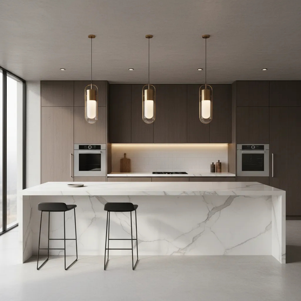 Kitchen island with three pendant lights providing task lighting