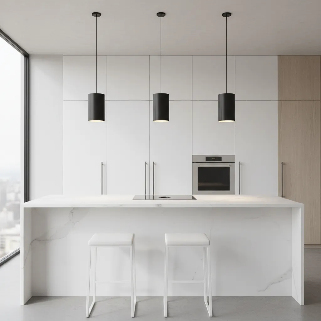 Kitchen island with three pendant lights illustrating proper lighting layout