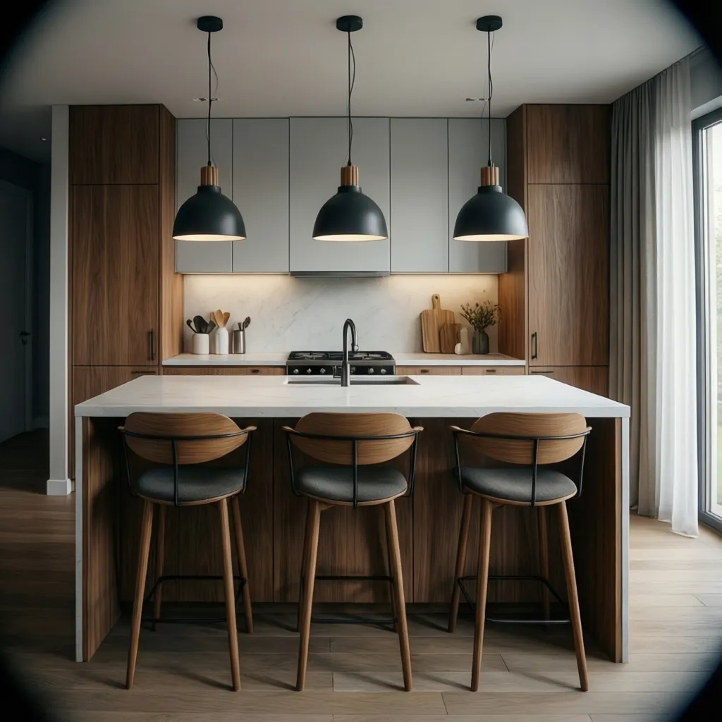 Kitchen island with pendant lighting demonstrating balanced spacing