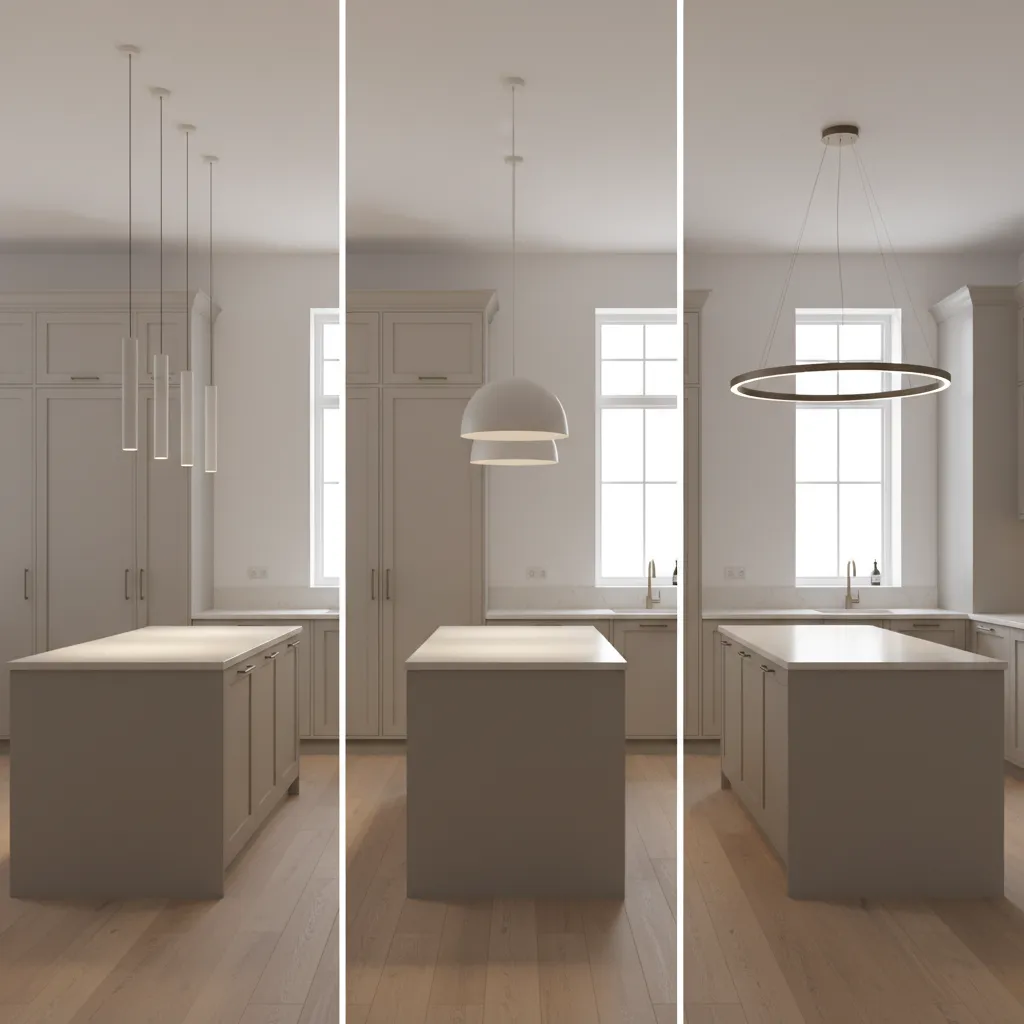 comparison of small medium and large pendant lights above kitchen island