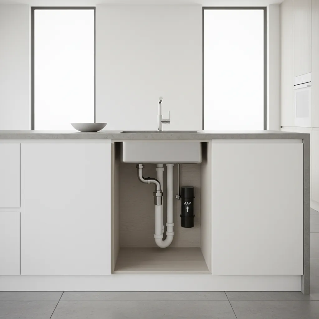 Kitchen island sink plumbing using air admittance valve solution