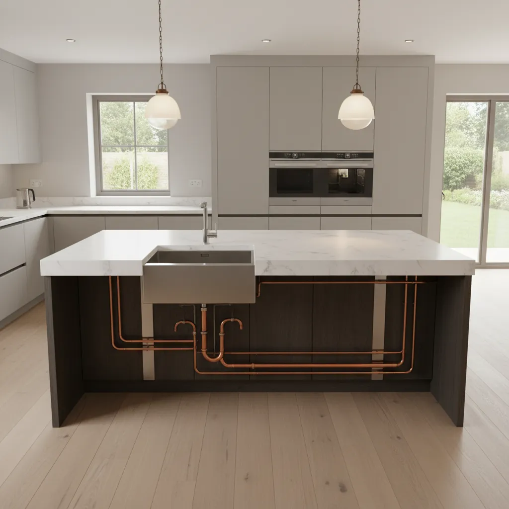 kitchen island with sink and pendant lights showing utilities installation