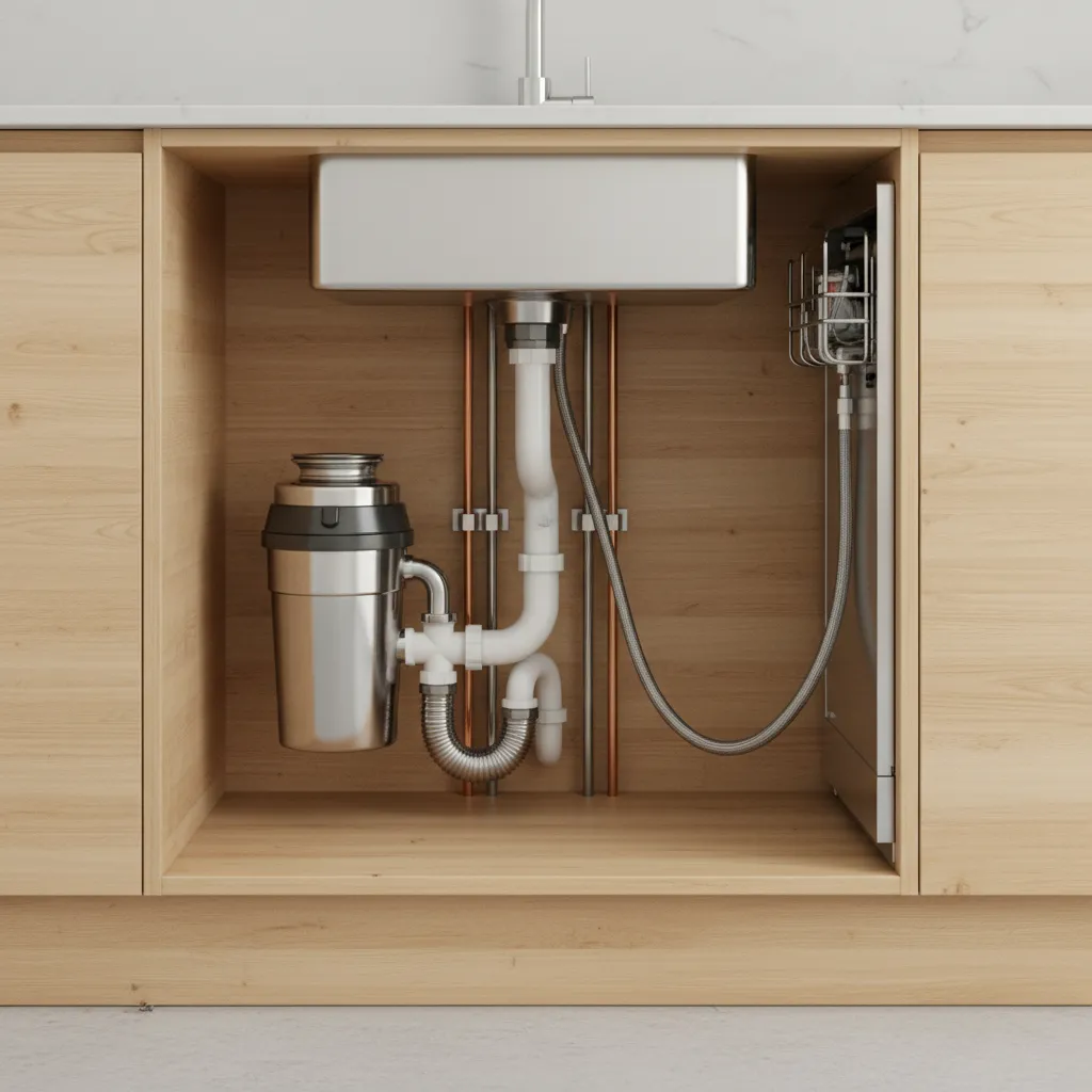 Cutaway diagram of kitchen island plumbing layout for sink and dishwasher
