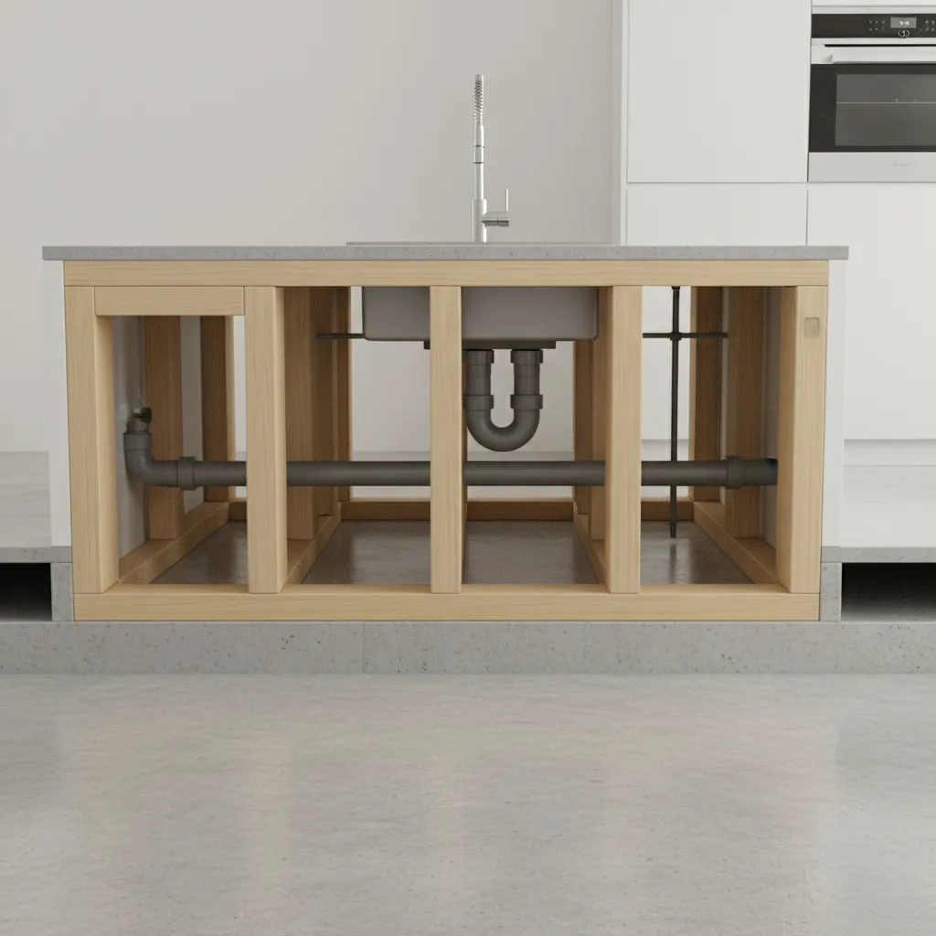 diagram style visualization of kitchen island plumbing pipes under floor layout