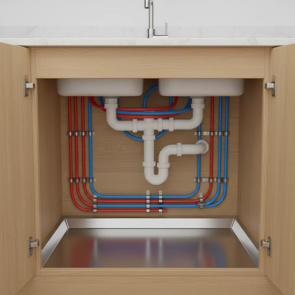 Under cabinet view showing PEX water lines and PVC drain pipes