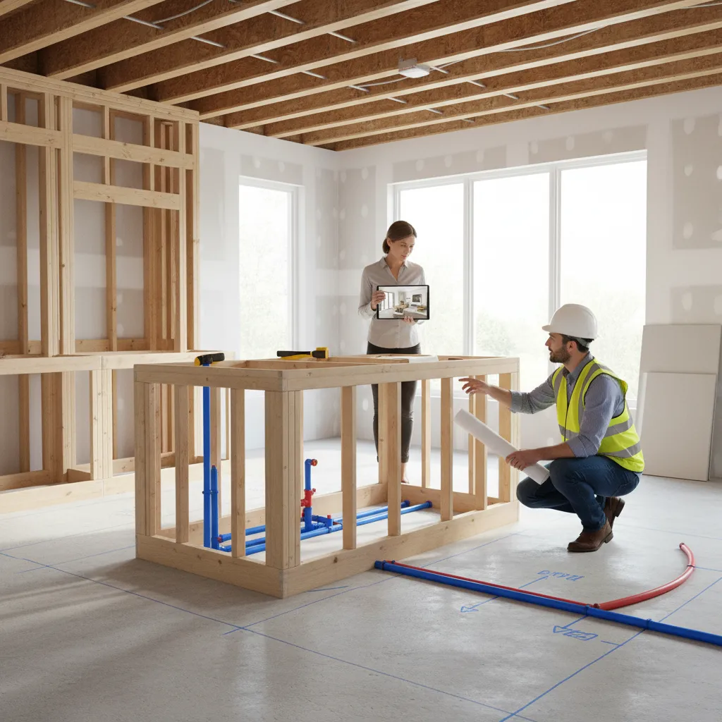 Kitchen island design planning with sink placement and plumbing path diagram