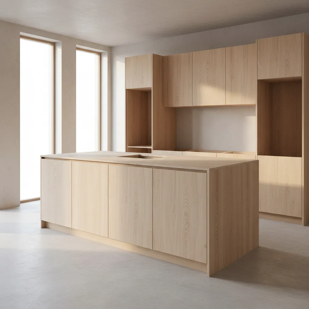 Plywood subtop installed on kitchen island cabinets before stone countertop