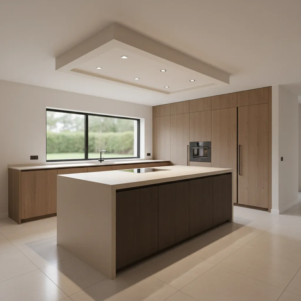 kitchen island with rectangular pop ceiling frame lighting