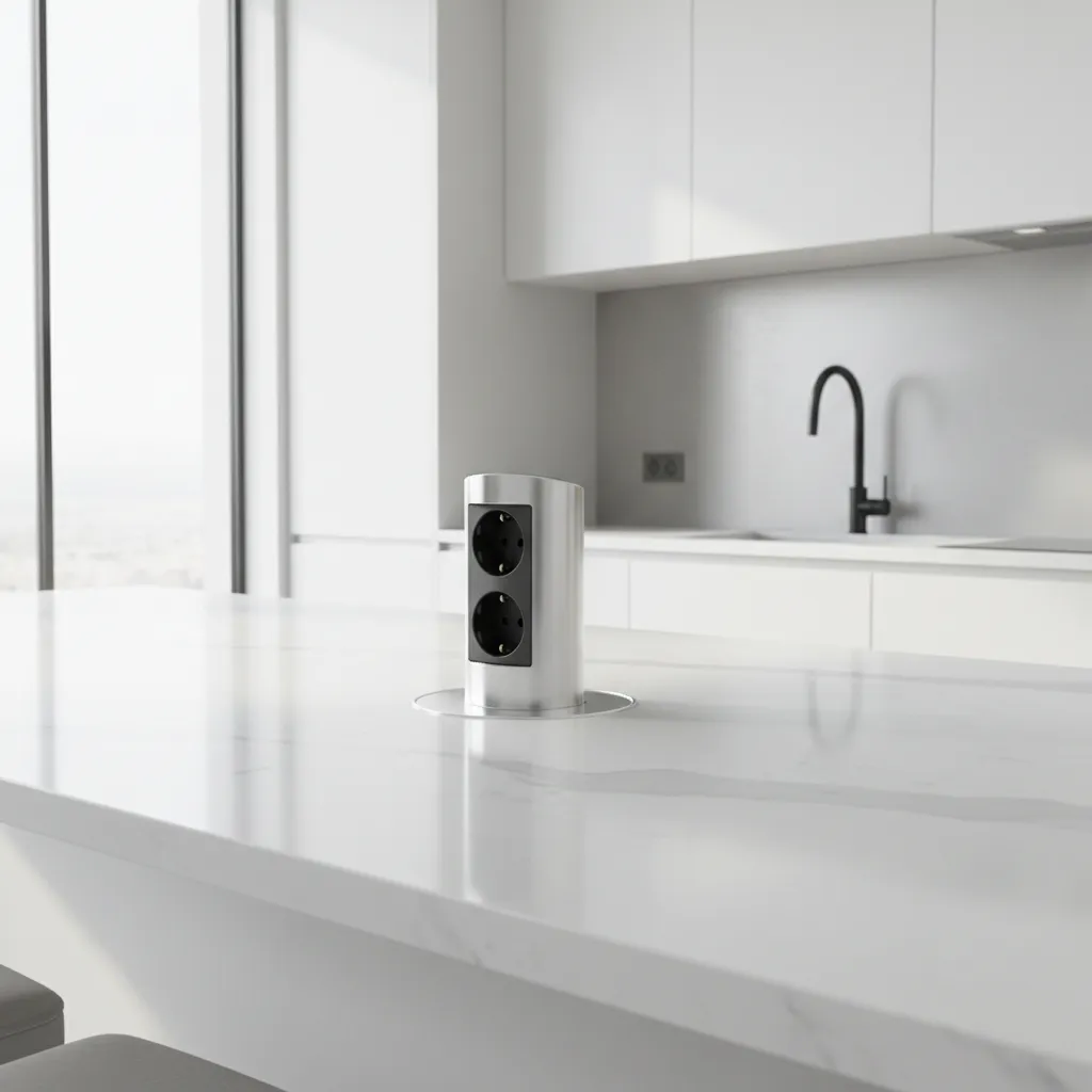 Pop up outlet integrated into kitchen island countertop