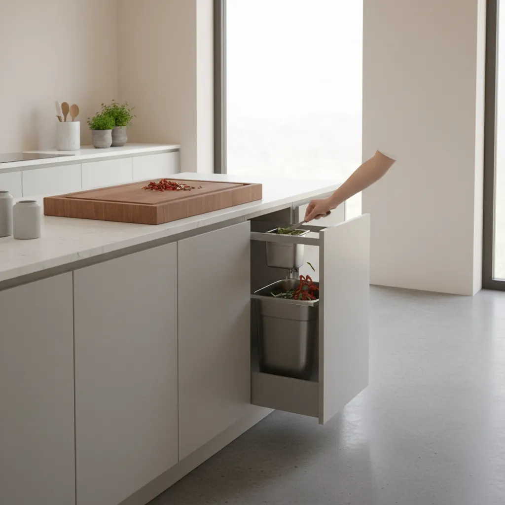 Kitchen island prep area with hidden pull out trash cabinet next to cutting board