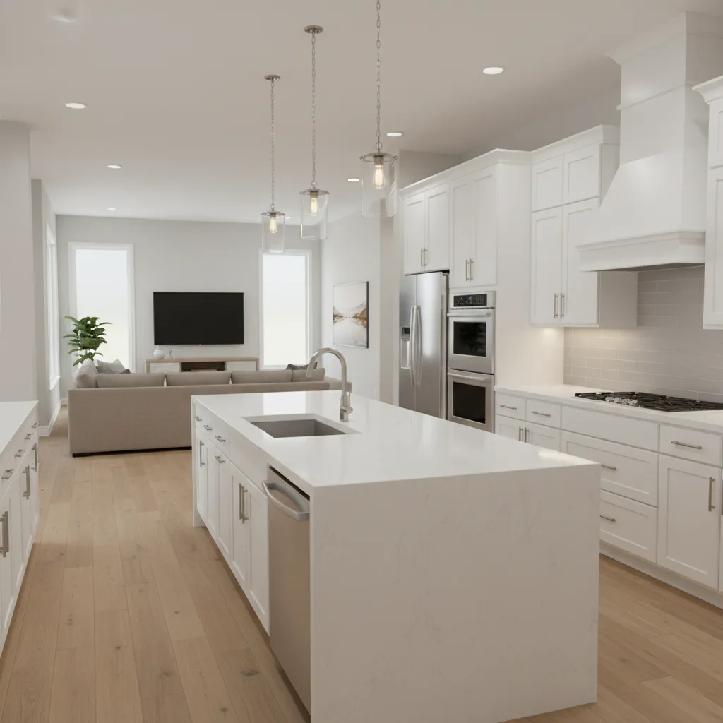 Modern white kitchen island with wooden floor, ceiling lights, and open living room with sofa