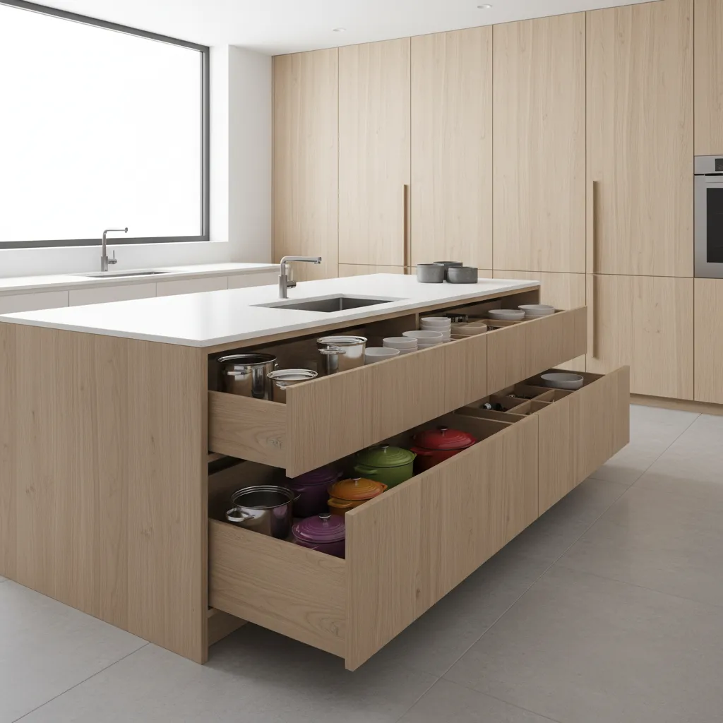 Kitchen island with pull out drawer storage system fully extended