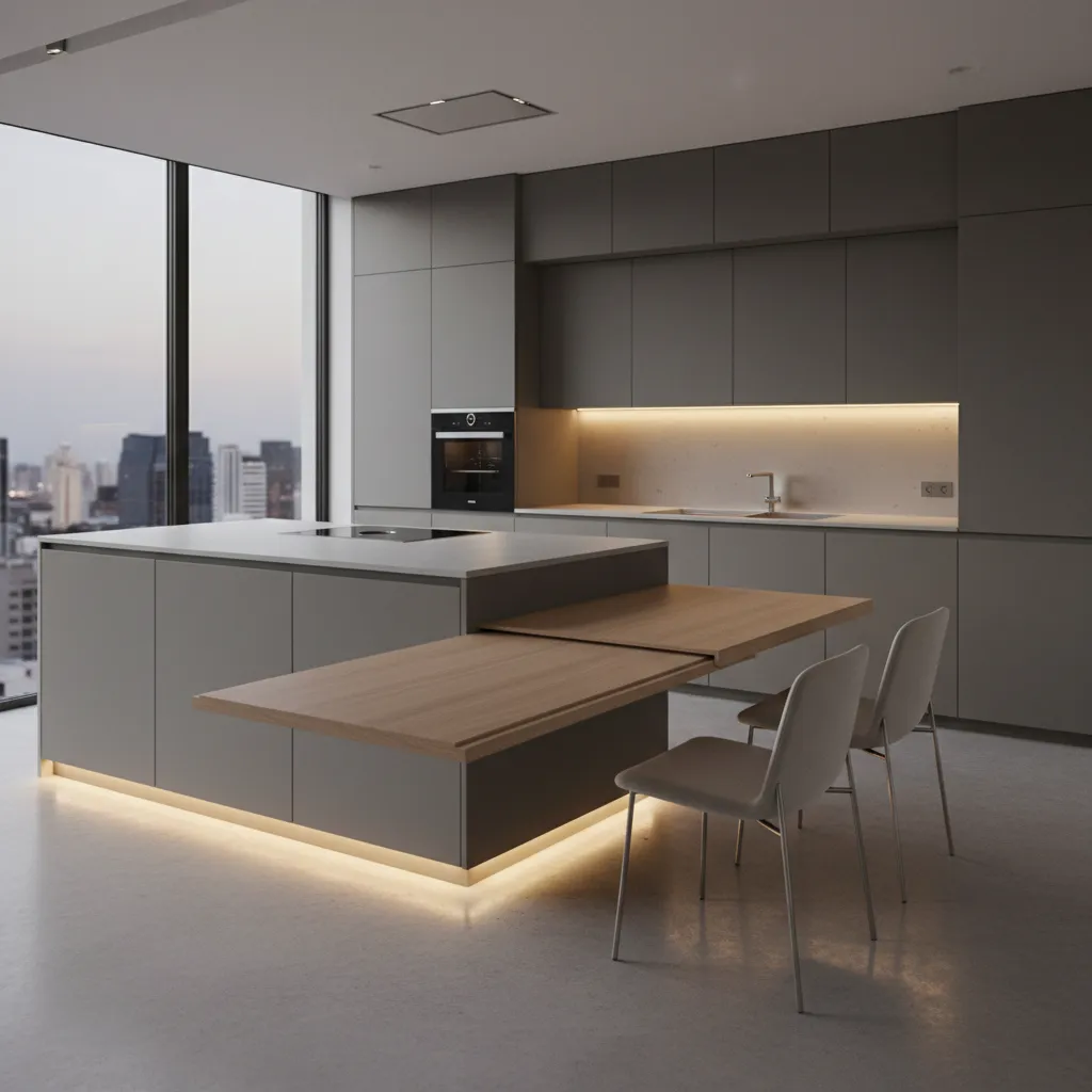 Kitchen island with sliding pull out table extension in a modern apartment