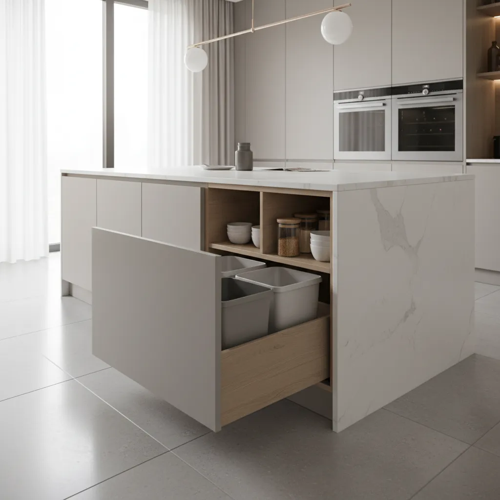 kitchen island cabinet with pull out trash bin system