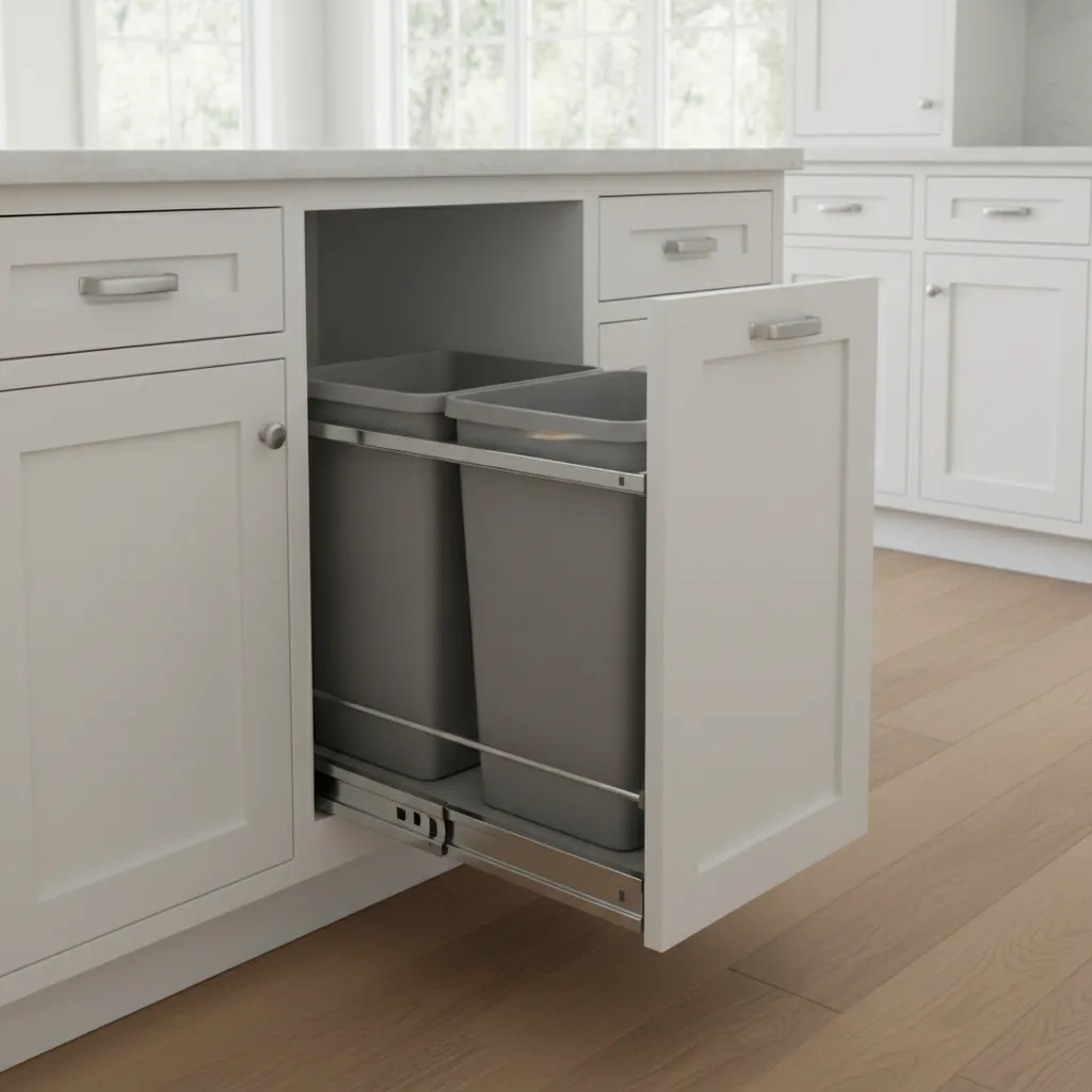Kitchen island cabinet with pull out garbage drawer and dual bins