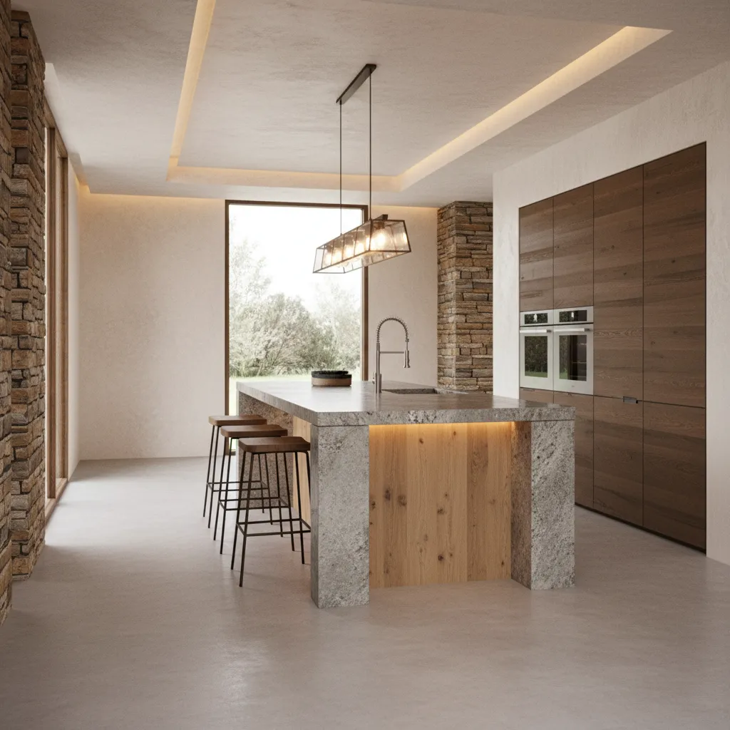 kitchen island seating with bar stools and walkway clearance behind