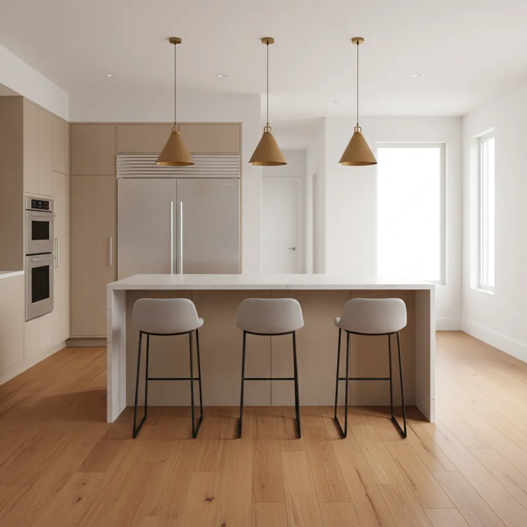 Kitchen island with seating and walking space behind stools