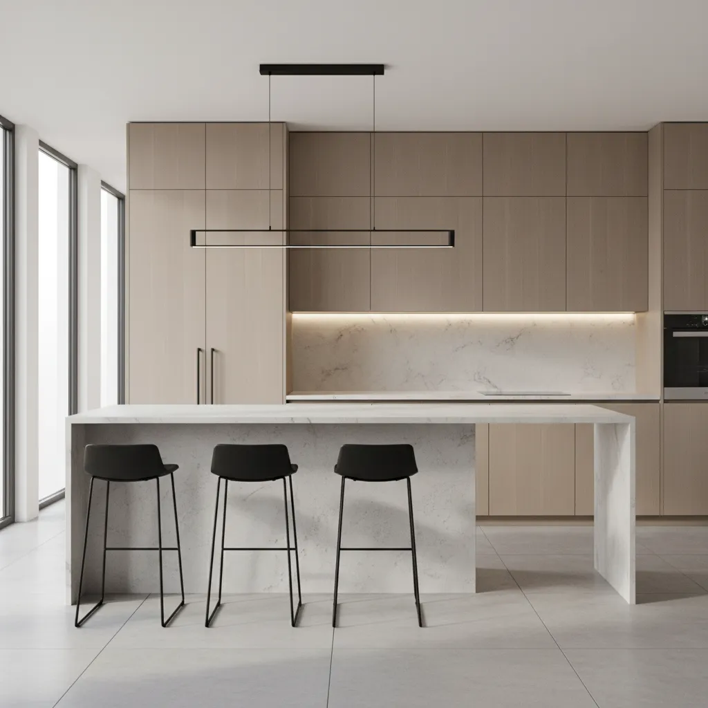 Kitchen island seating area showing cabinet clearance and stool spacing