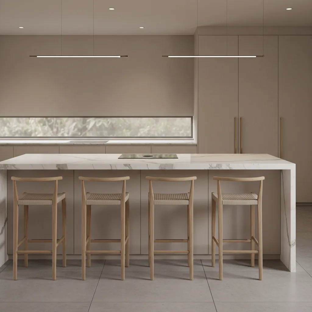 Kitchen island seating area showing proper countertop overhang for stools