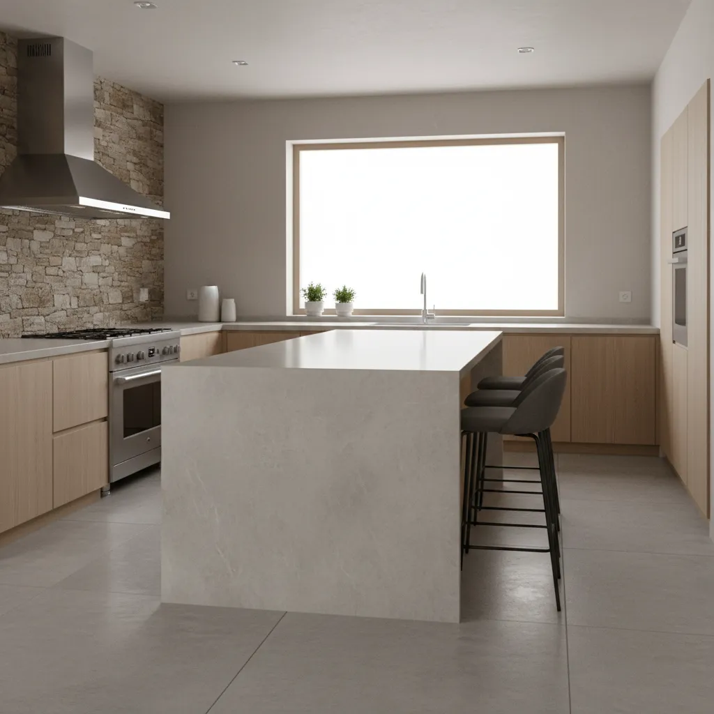kitchen island with proper countertop overhang and stools underneath