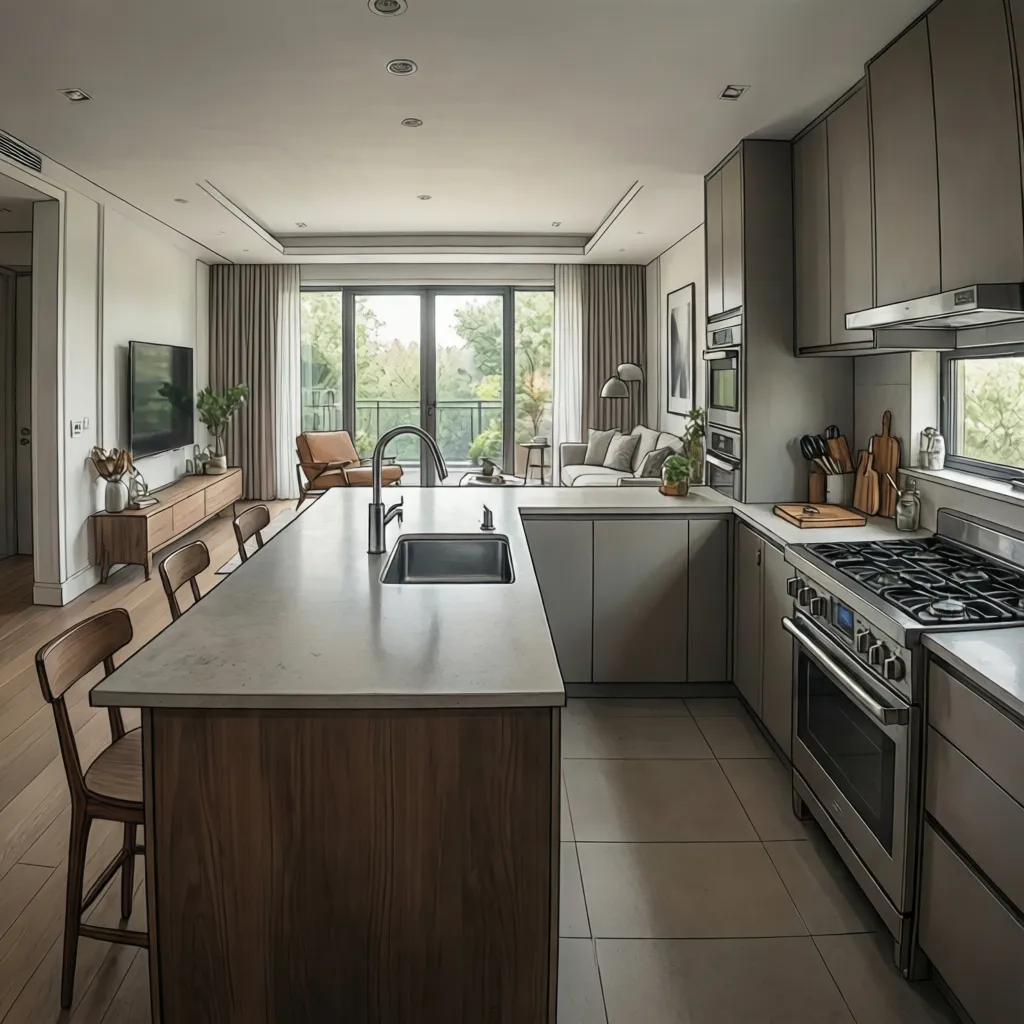 kitchen island seating on one side facing open kitchen space