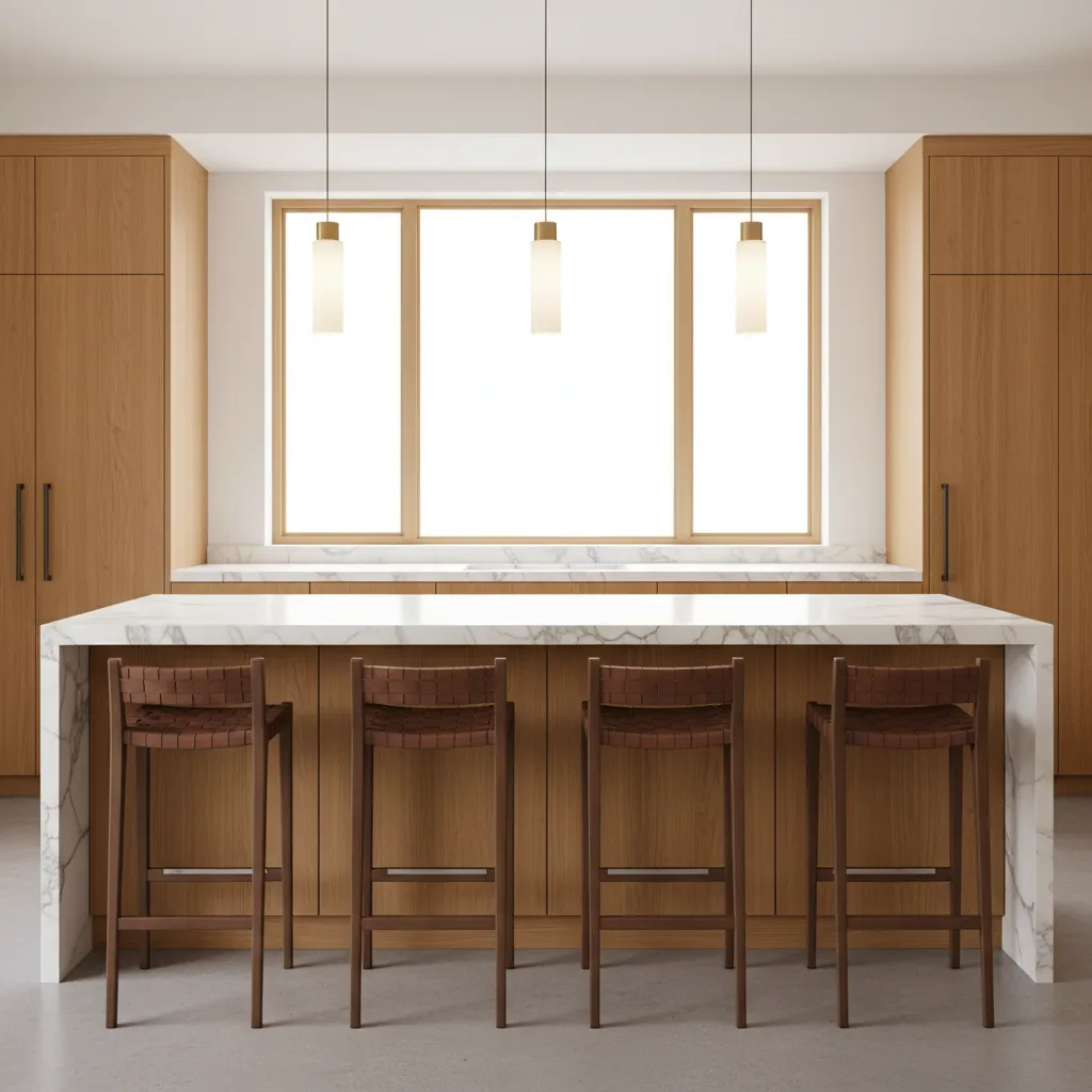 kitchen island with four bar stools showing comfortable seating spacing