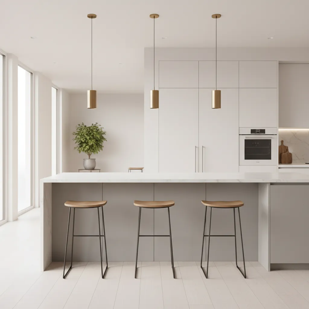 Kitchen island seating layout with three stools and proper spacing