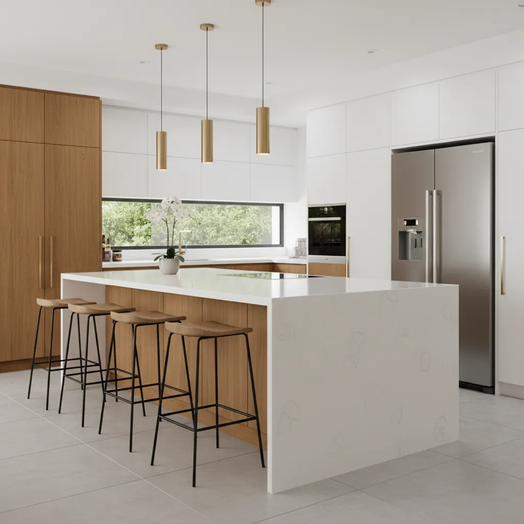 Kitchen island with four stools and cabinet storage