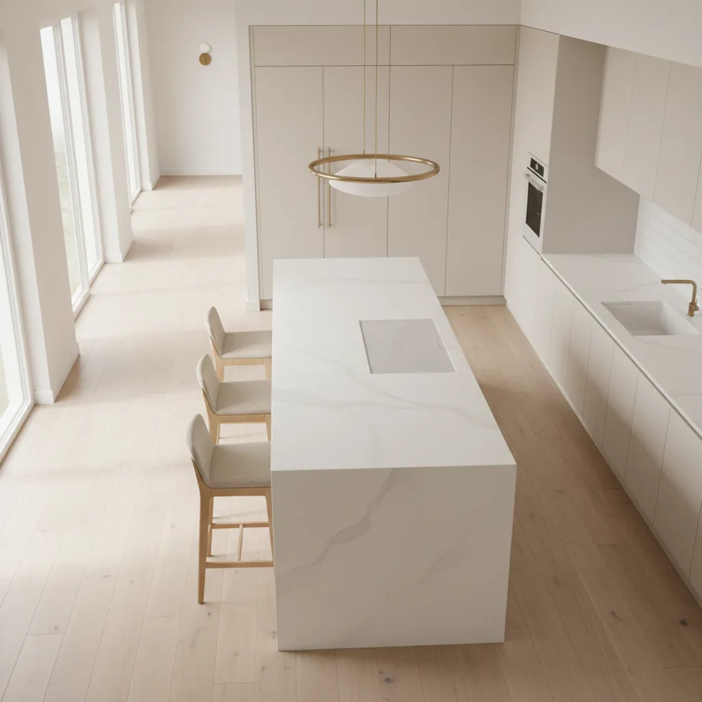 Kitchen island seating layout showing circulation space behind stools