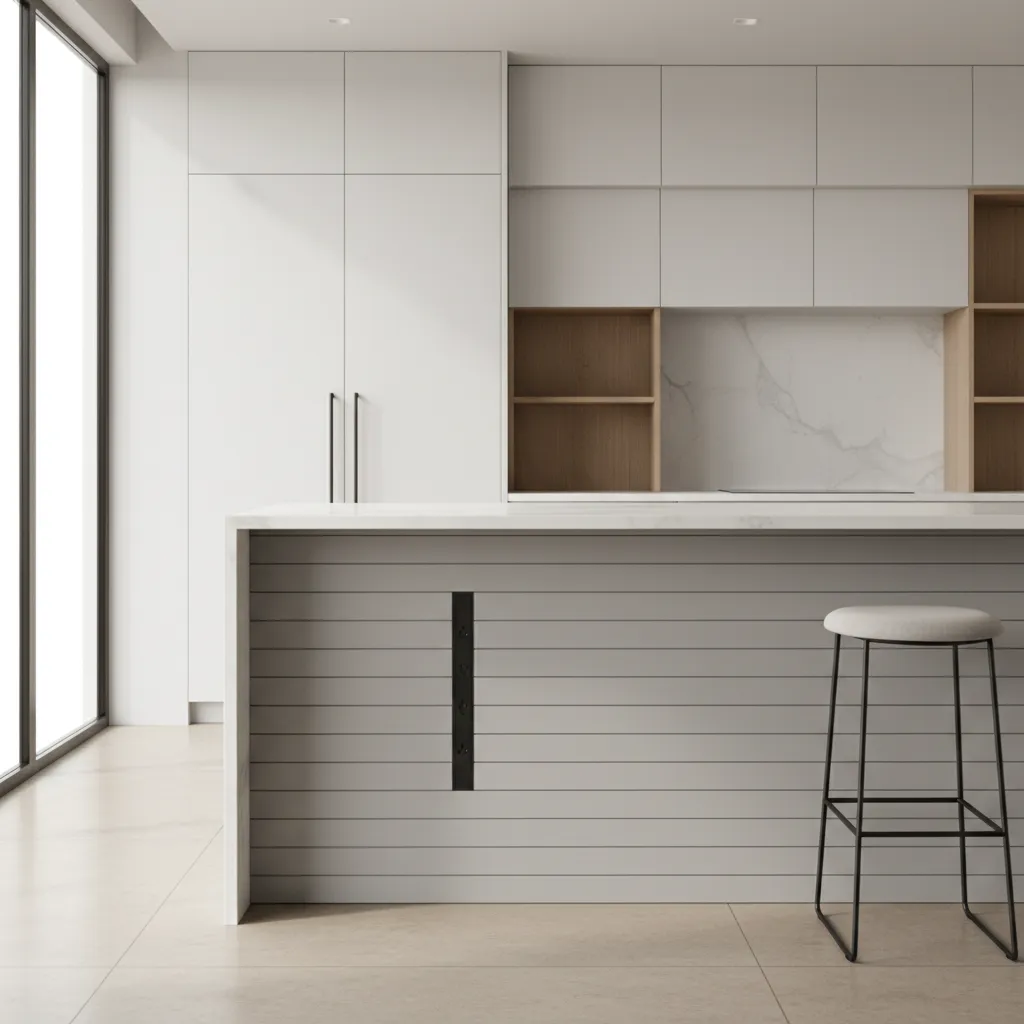 Kitchen island side panel with integrated outlet strip below countertop