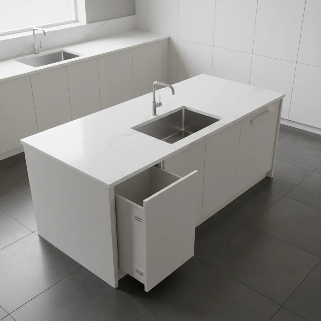 diagram style kitchen island cabinet layout with sink dishwasher and trash pull out