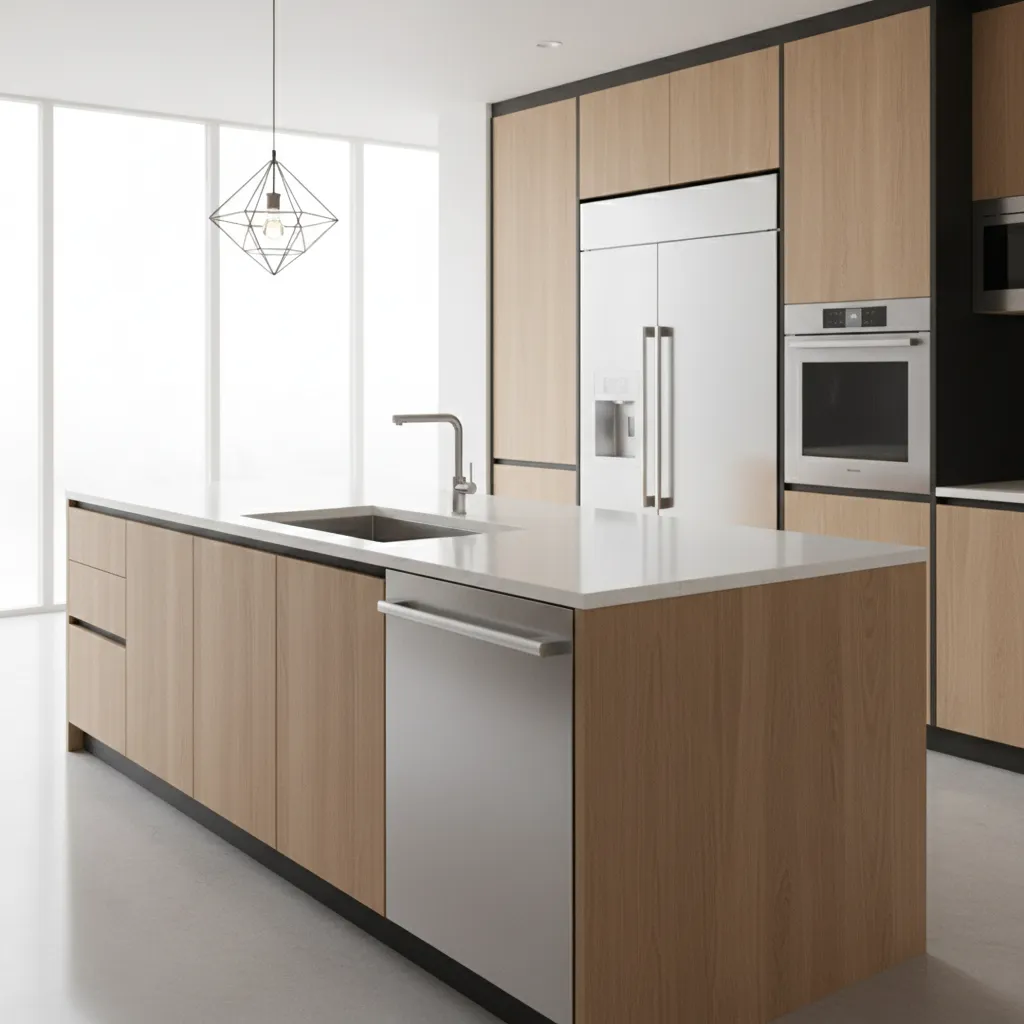 Kitchen island with sink and dishwasher installed side by side in modern kitchen
