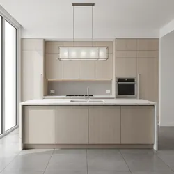 Modern kitchen design with light wood cabinets white stone island sink oven and ceiling light