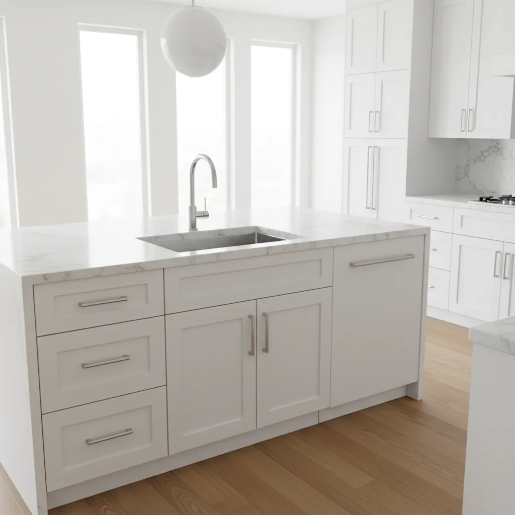 White kitchen island with marble top, silver sink faucet and wooden floor in bright room