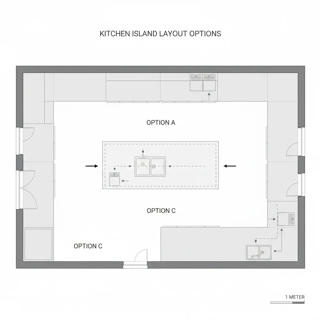 diagram showing sink and dishwasher placement options in kitchen island