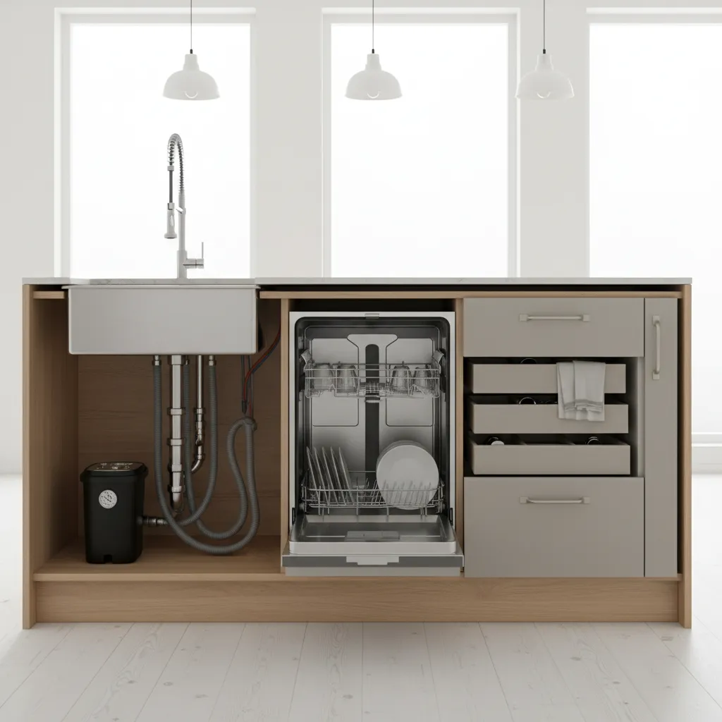 Kitchen island cabinet layout with sink, dishwasher, and garbage disposal plumbing connections