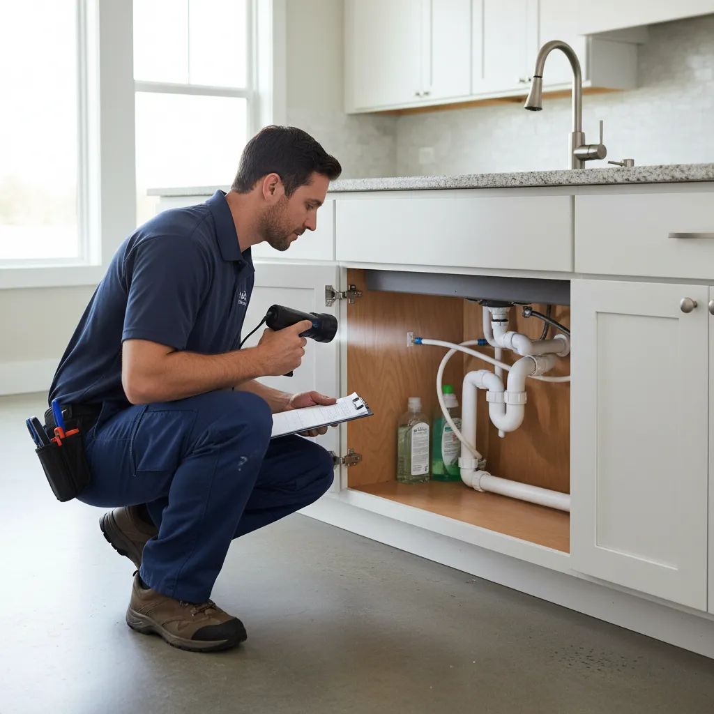plumbing inspector checking kitchen island sink plumbing under cabinet