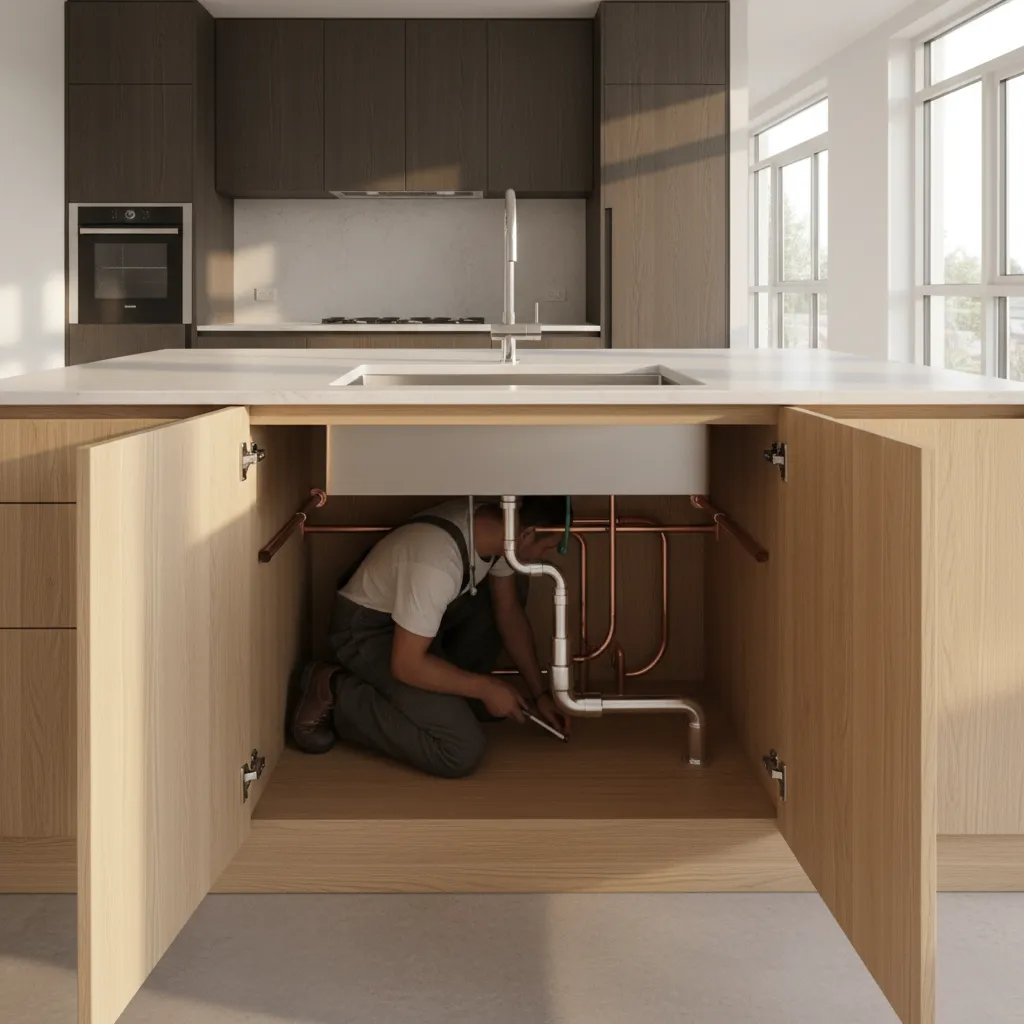 Modern kitchen island with sink installation in progress showing plumbing rough in