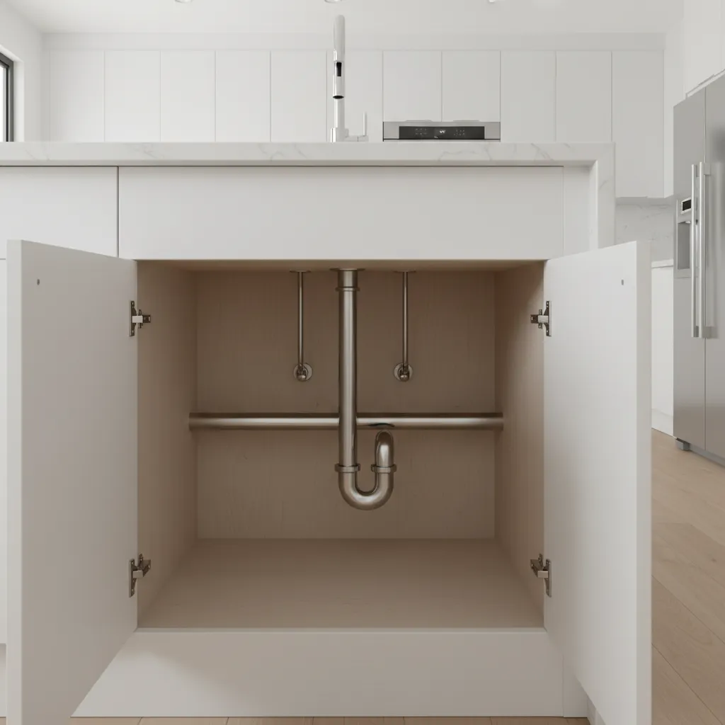 Kitchen island sink cabinet with visible plumbing pipes under the counter