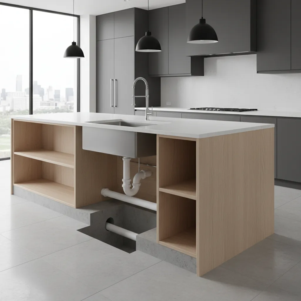 cutaway view of kitchen island sink plumbing under the cabinet