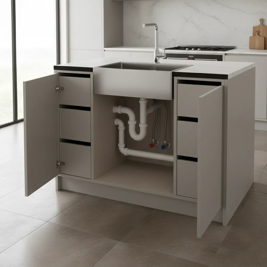 Kitchen island cabinet interior showing sink plumbing and P trap configuration