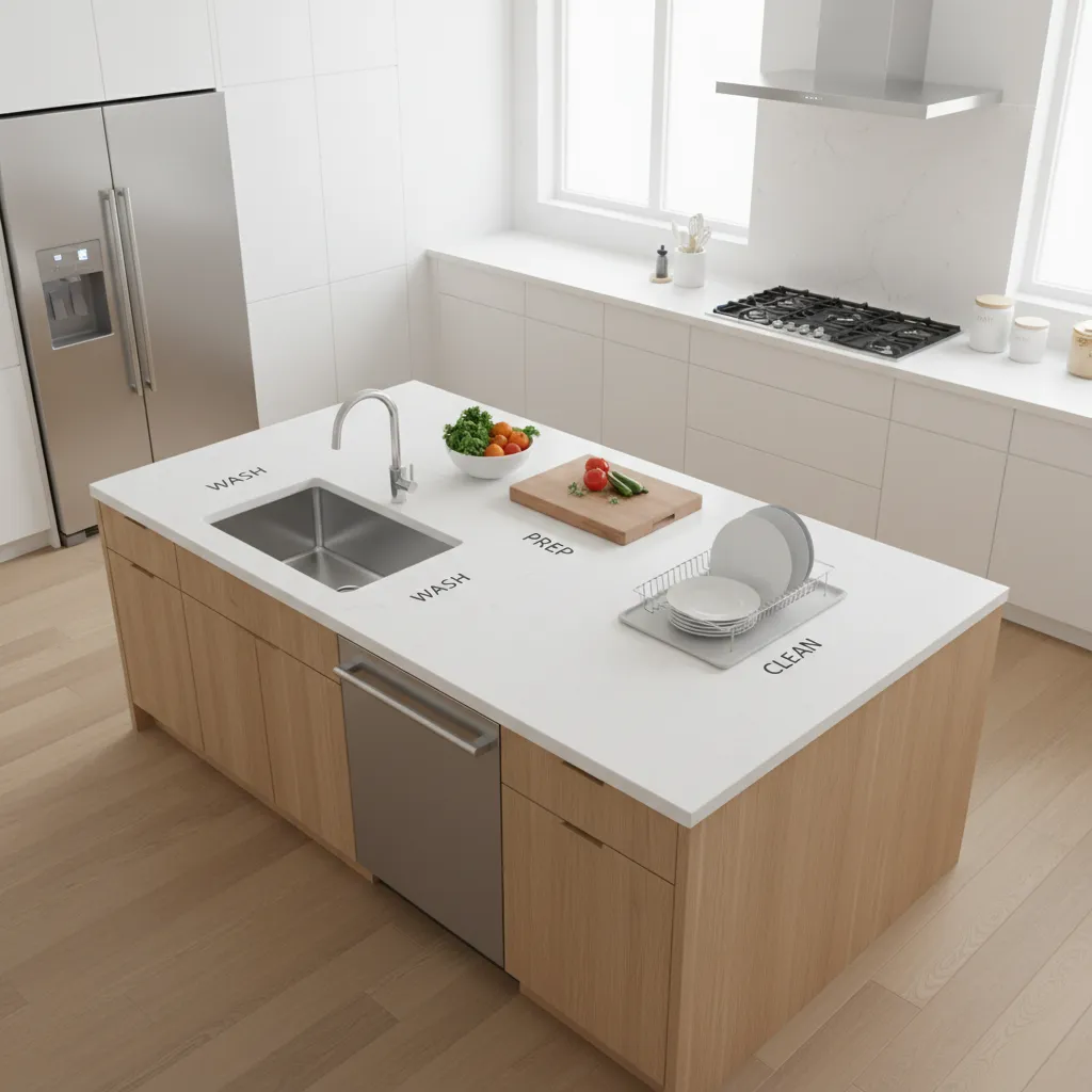 kitchen workflow layout showing island sink prep zone and dishwasher placement